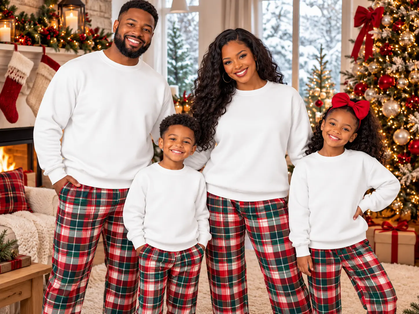 Black family in matching white sweatshirts and plaid Christmas pajamas beside a glowing holiday tree
