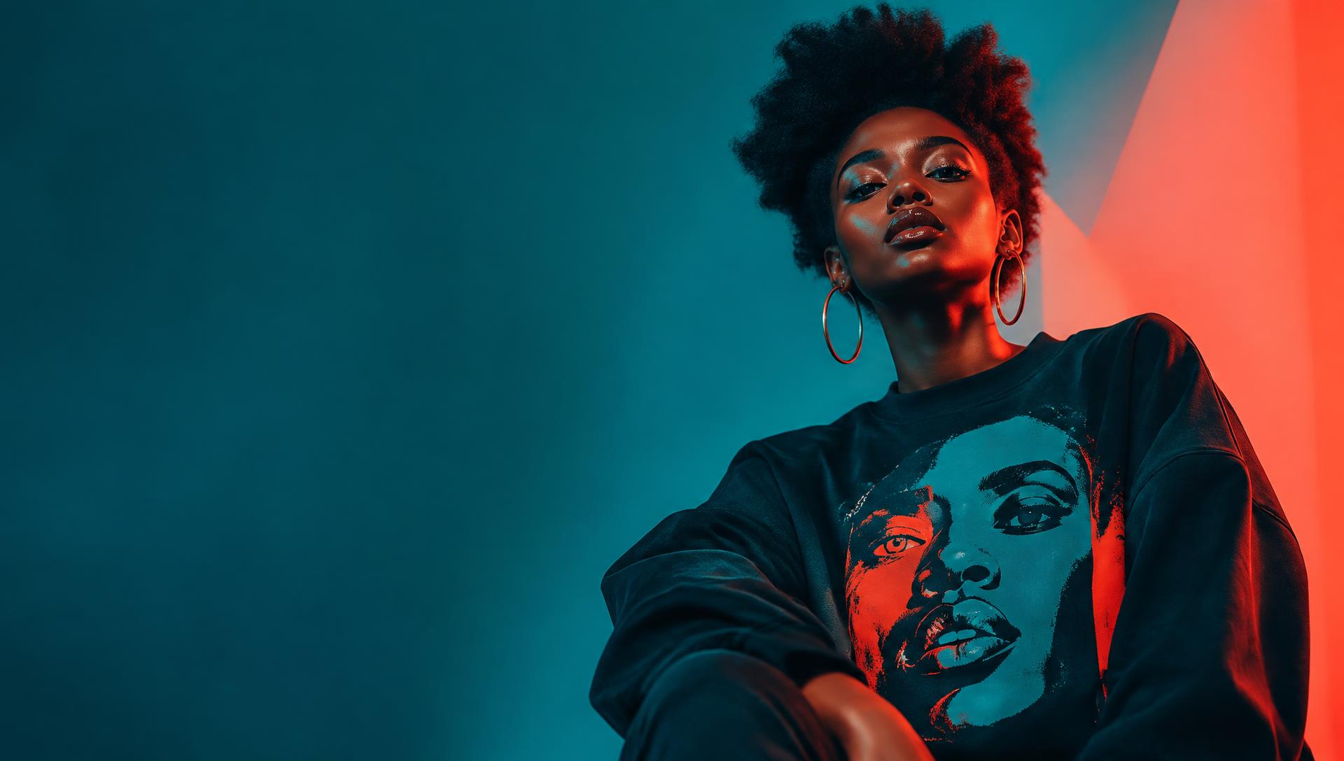 Black woman in a statement sweatshirt, photographed in cinematic teal and coral light